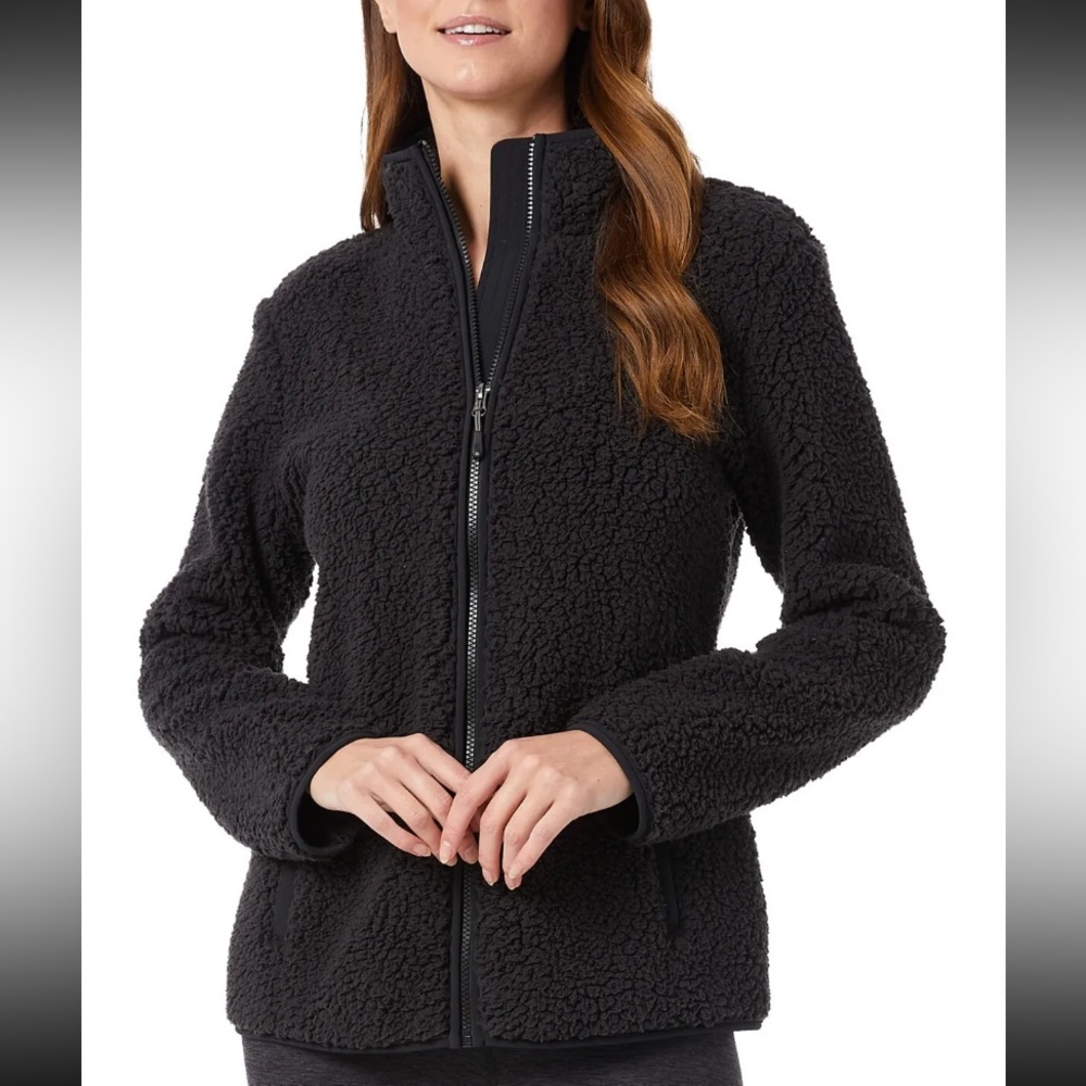 32 Degrees Sherpa Mock Neck Full Zip Sweatshirt Large Black
